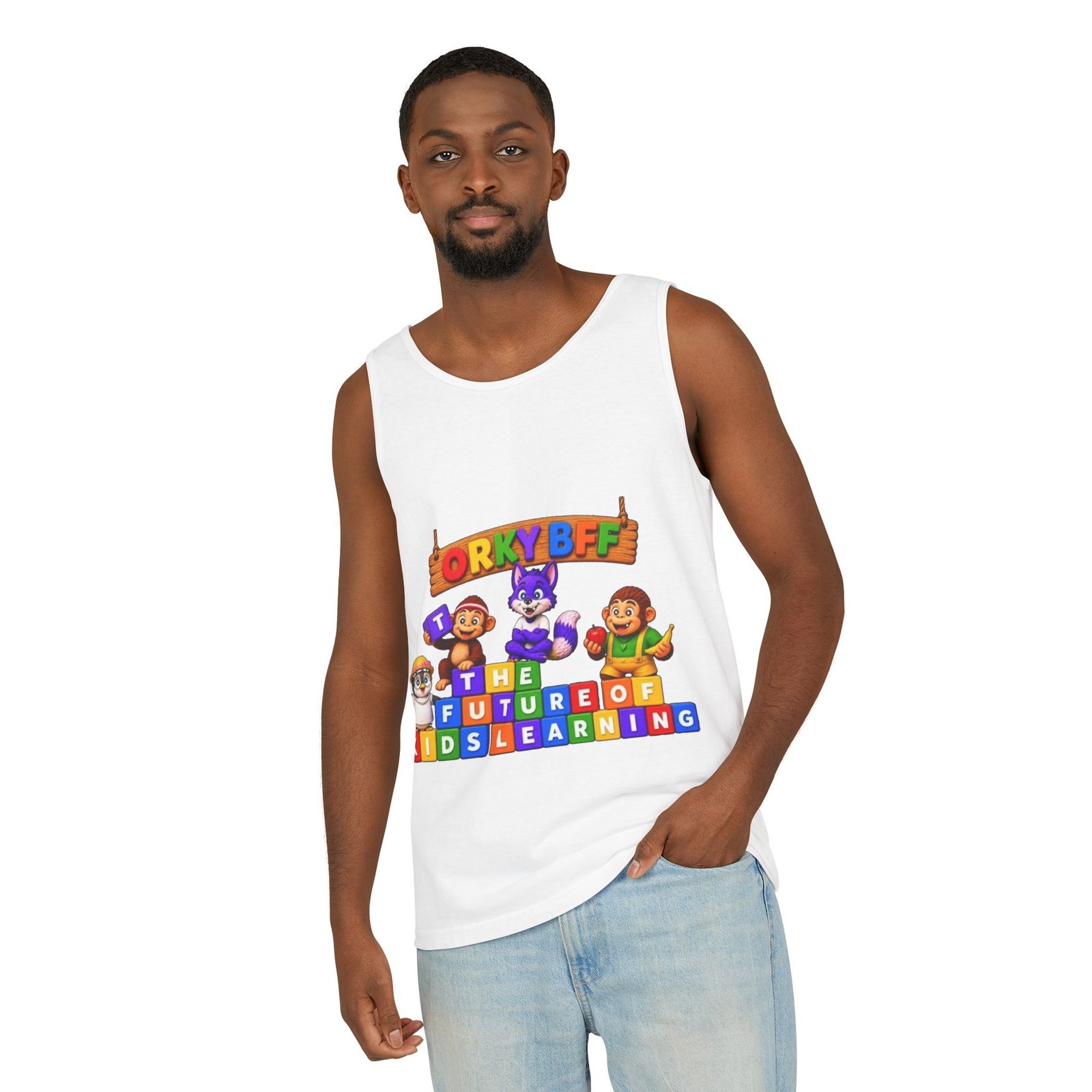 Unisex Garment-Dyed Tank Top — 'ORKY BFF: The Future of Kids Learning' Colorful Playful Tee - Image 5