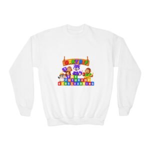 Youth Crewneck Sweatshirt — Colorful Toy Friends "Storytime & Learning" Kids Graphic