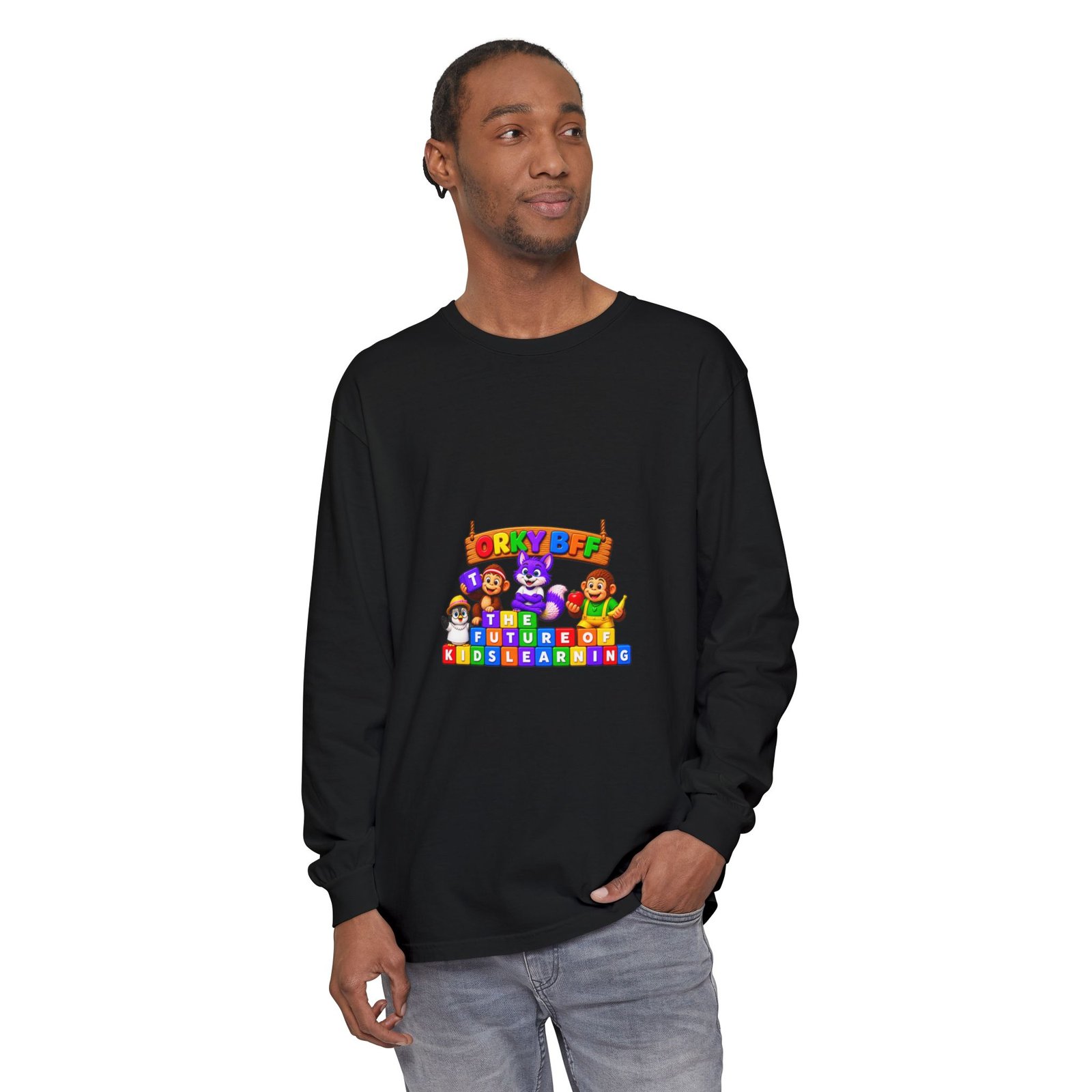Unisex Garment-dyed Long Sleeve T-Shirt—"Orky Bff Kids Learning " - Image 51