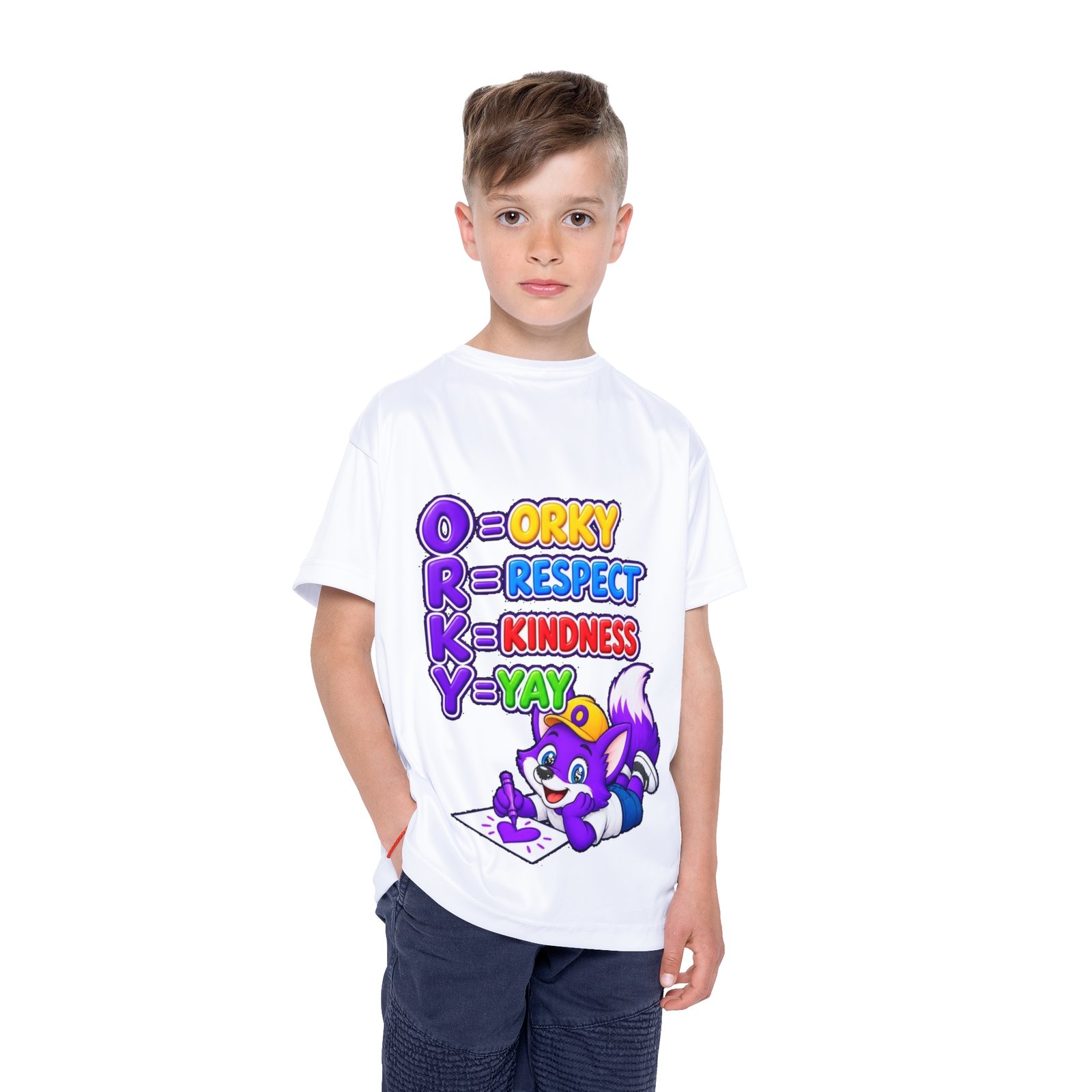 Kids Sports Jersey (AOP) — "ORKY = Orky, Respect, Kindness, Yay" Cute Purple Fox - Image 4
