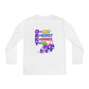 Youth Long Sleeve Tee — "ORKY: O=Orky, R=Respect, K=Kindness, Y=Yay" Kids Character Shirt