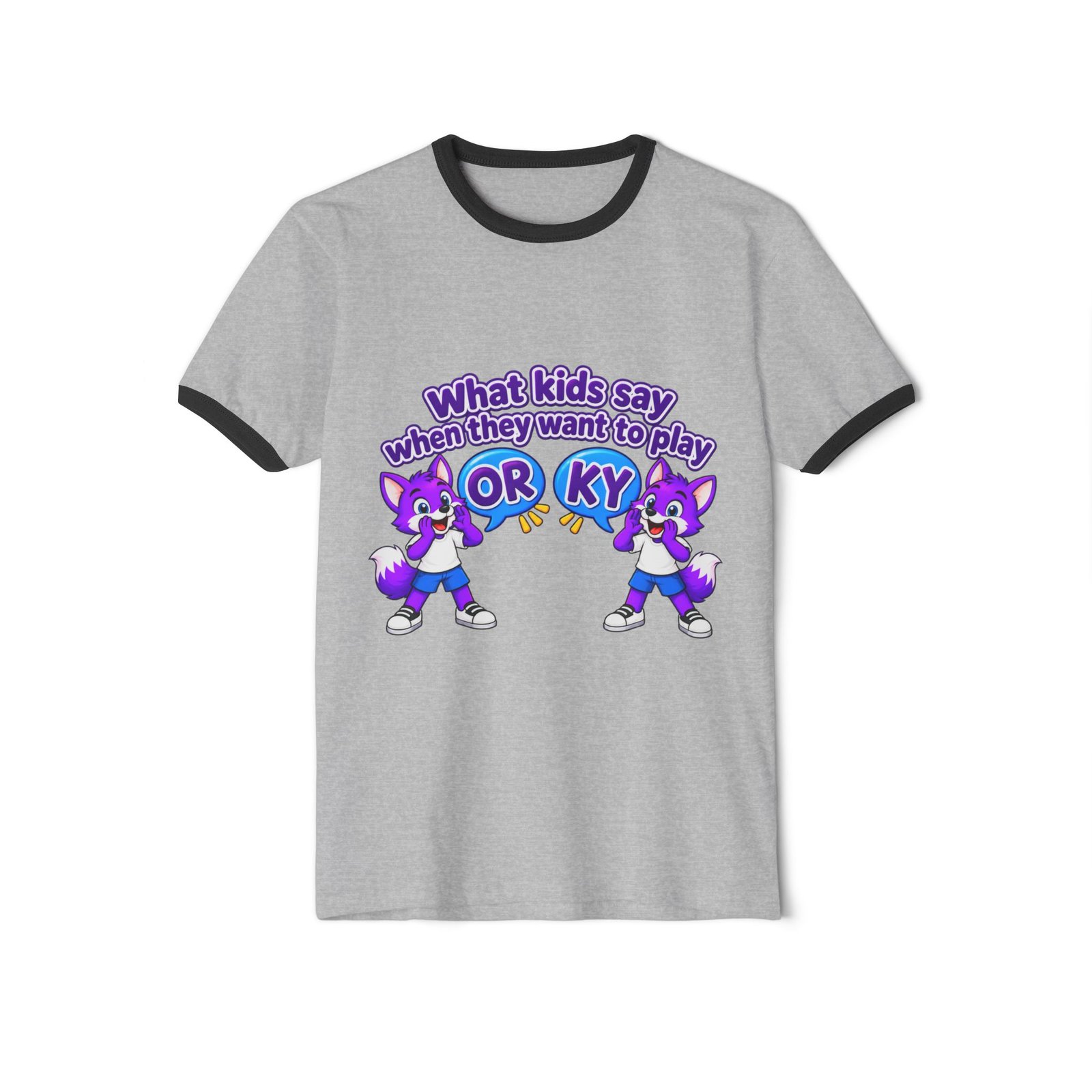 Unisex Cotton Ringer T-Shirt — "What kids say when they want to play: ORKY" Cute Purple Cartoon Fox Graphic - Image 6