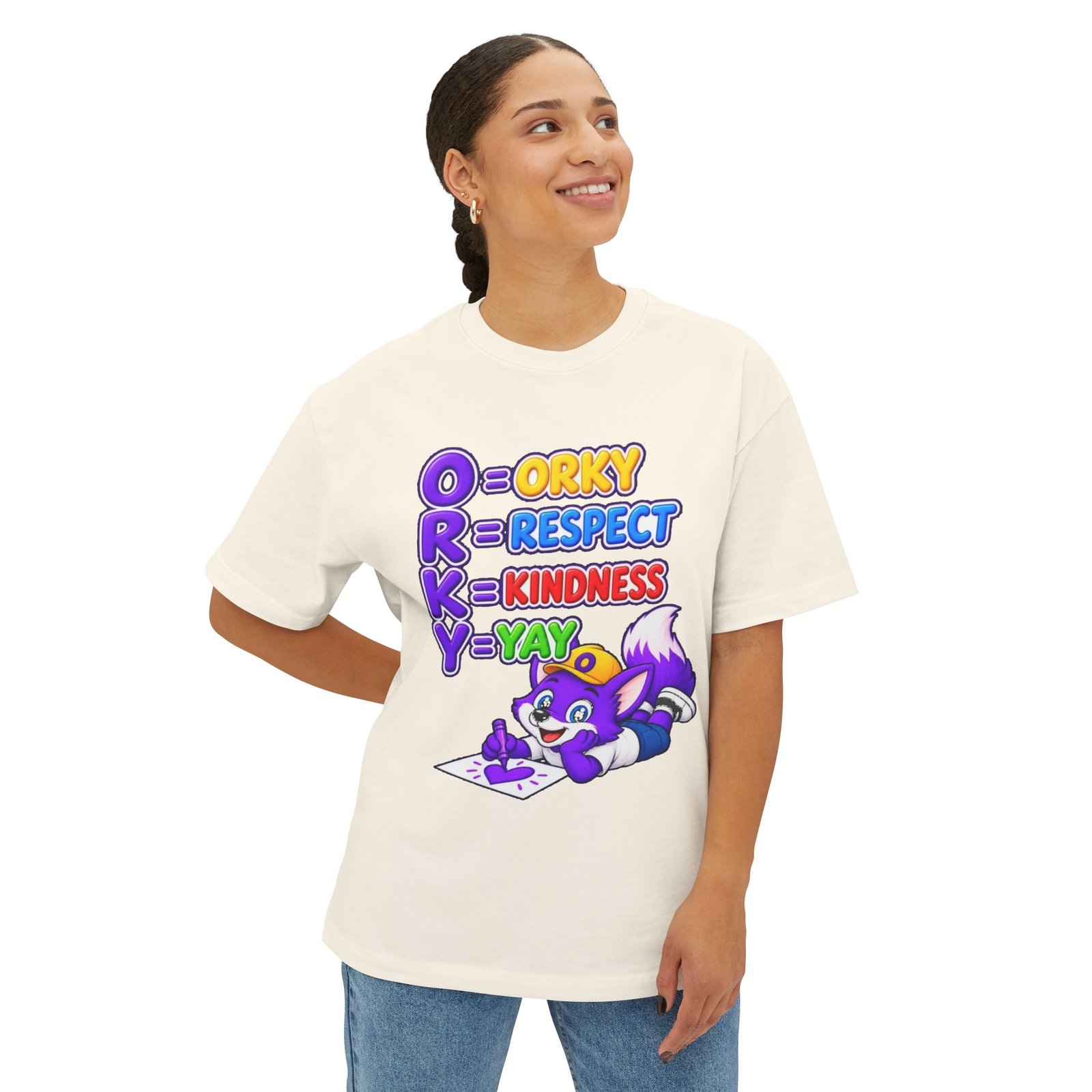 Unisex Oversized Boxy Tee— Orky = Respect, Kindness, Yay Kids T-Shirt - Image 16
