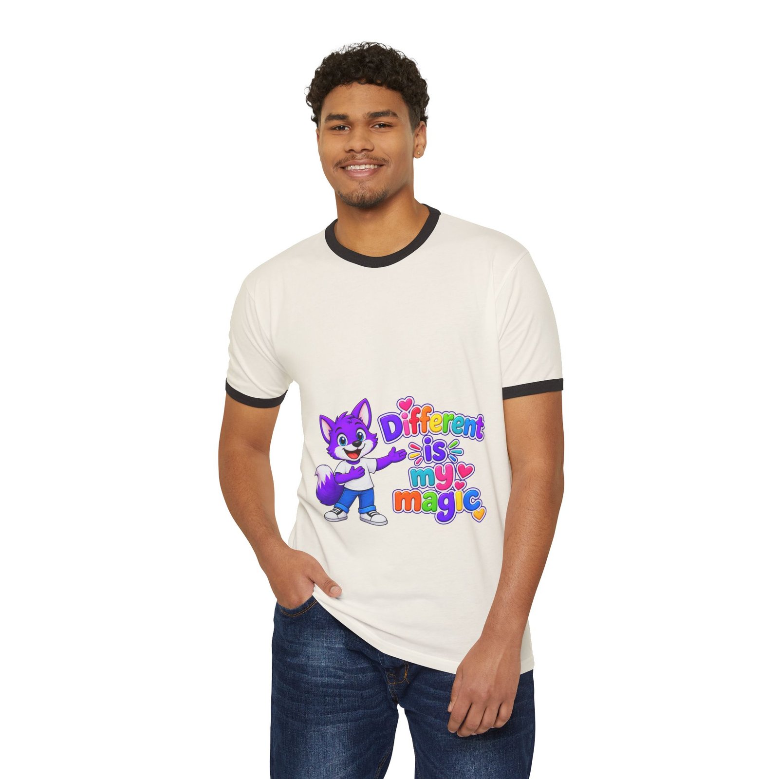 Unisex Cotton Ringer T-Shirt — Different is My Magic Cute Purple Fox - Image 15
