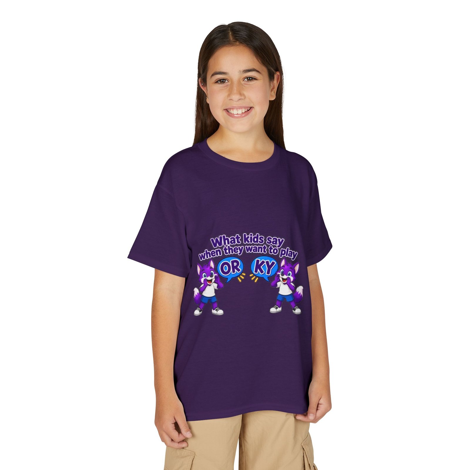 Youth DryBlend® T-Shirt — Cute Purple Husky 'What kids say when they want to play OR KY' Kids Tee - Image 51