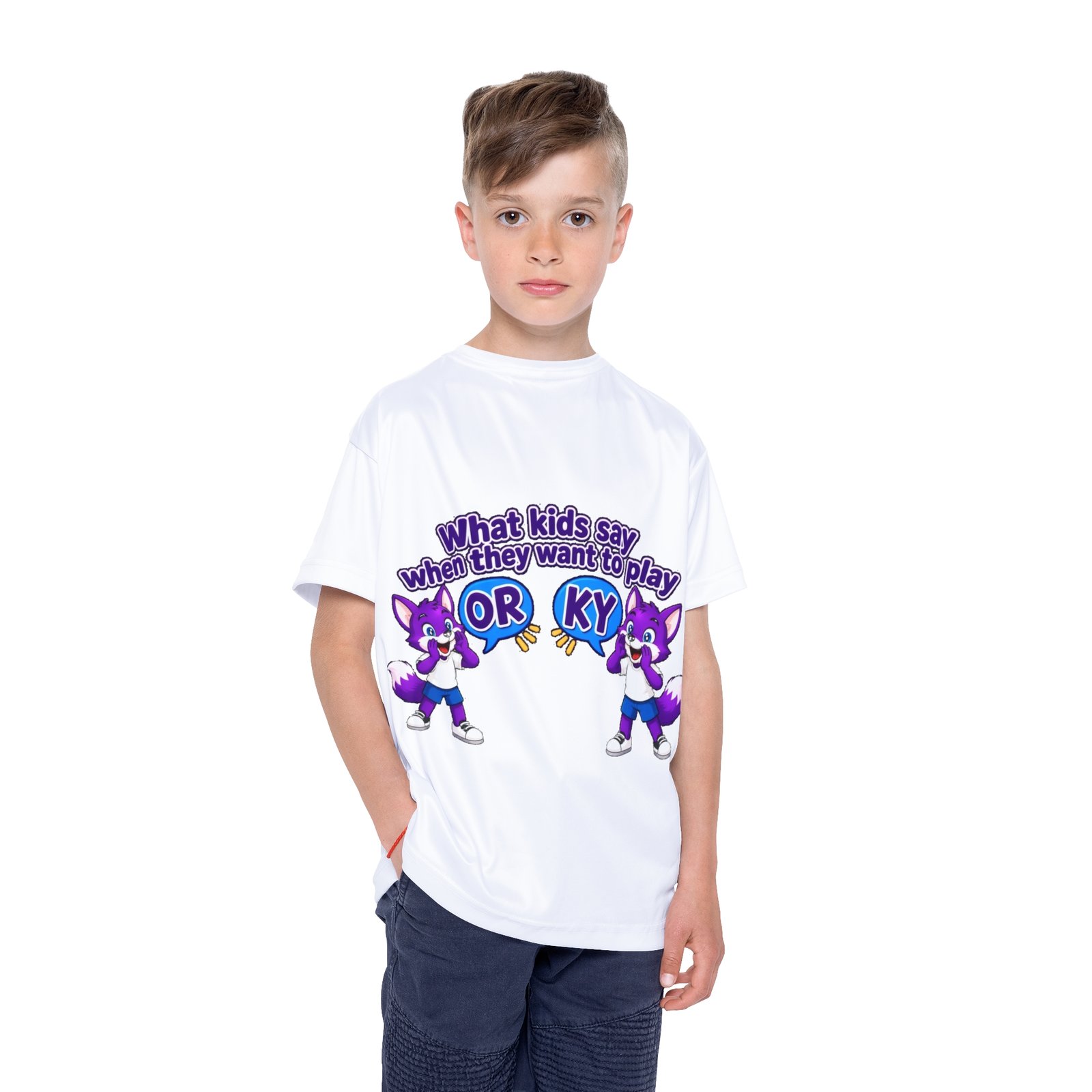 Kids Sports Jersey (AOP) — “What Kids Say When They Want to Play: OR KY” Cute Purple Fox Sports Tee - Image 4