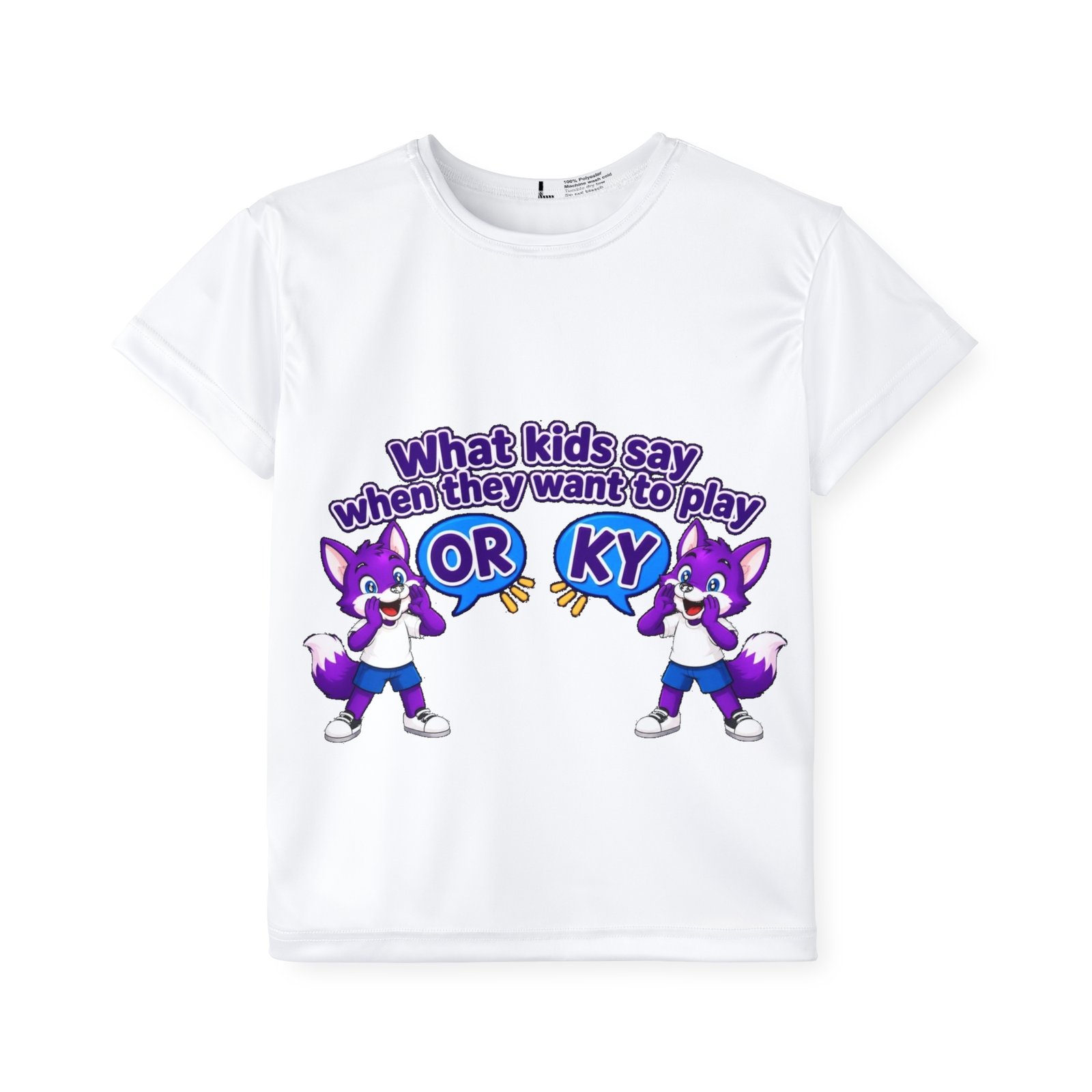 Kids Sports Jersey (AOP) — “What Kids Say When They Want to Play: OR KY” Cute Purple Fox Sports Tee - Image 2