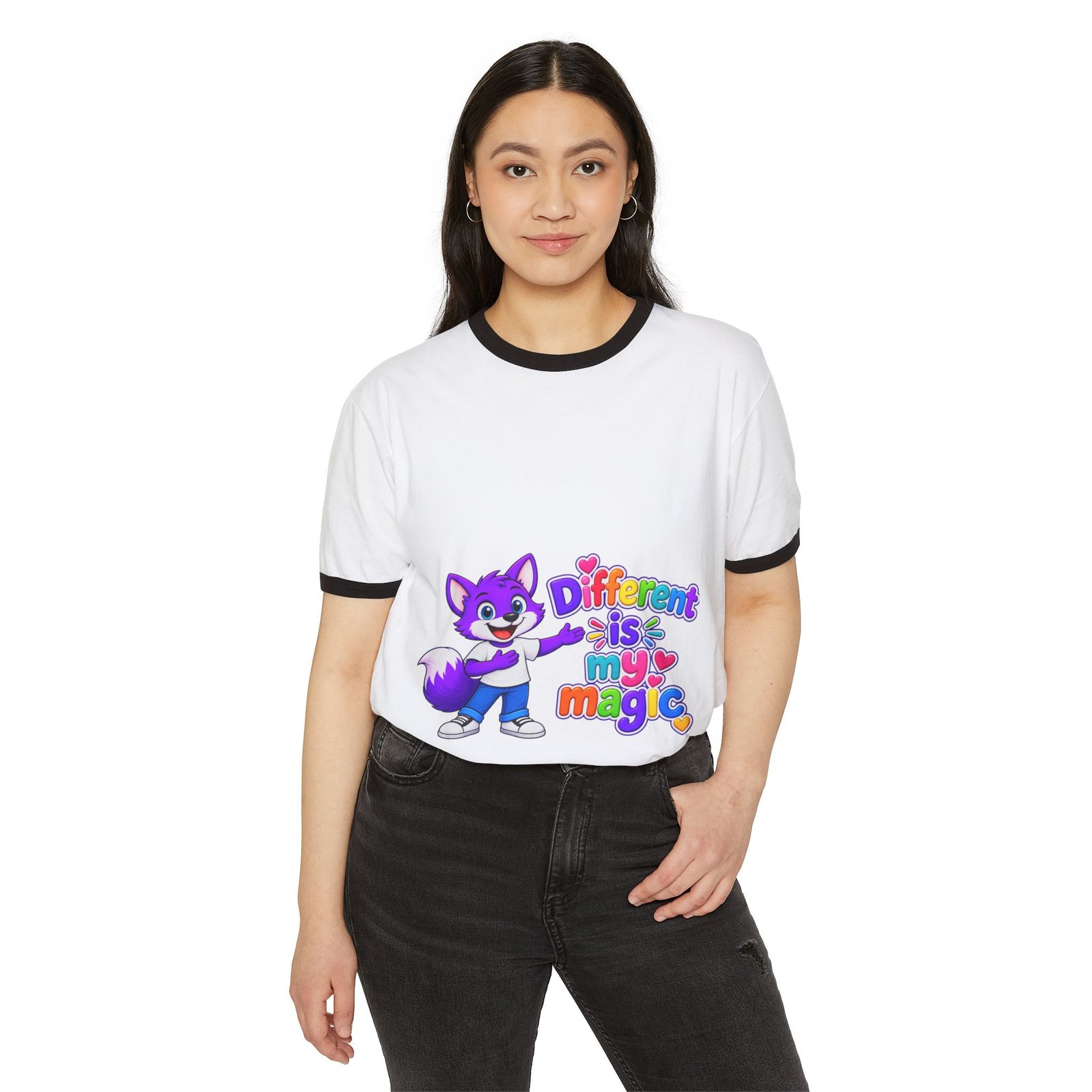 Unisex Cotton Ringer T-Shirt — Different is My Magic Cute Purple Fox - Image 18