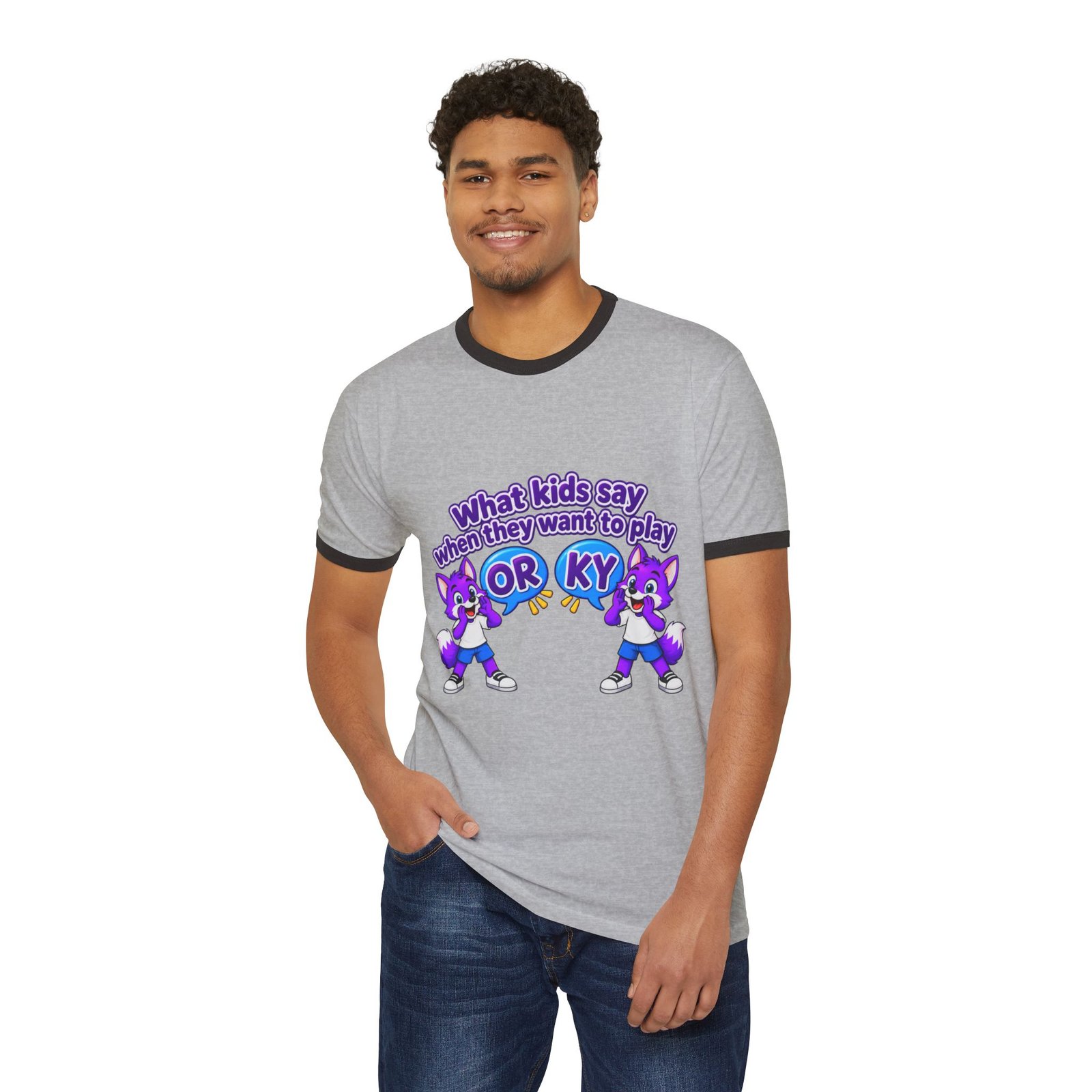 Unisex Cotton Ringer T-Shirt — "What kids say when they want to play: ORKY" Cute Purple Cartoon Fox Graphic - Image 10