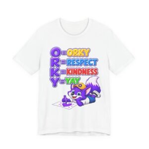 Unisex jersey short sleeve tee — Orky Acronym Design: Orky = Respect, Kindness, Yay (Cute Purple Raccoon)