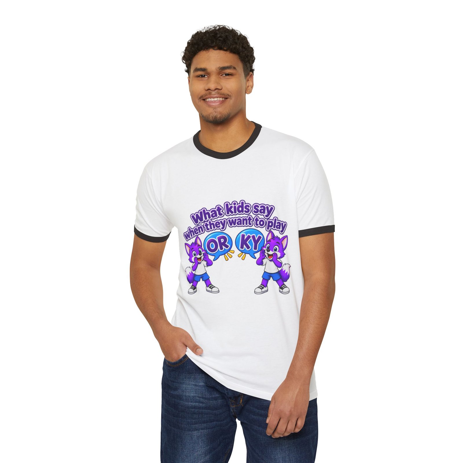 Unisex Cotton Ringer T-Shirt — "What kids say when they want to play: ORKY" Cute Purple Cartoon Fox Graphic - Image 20