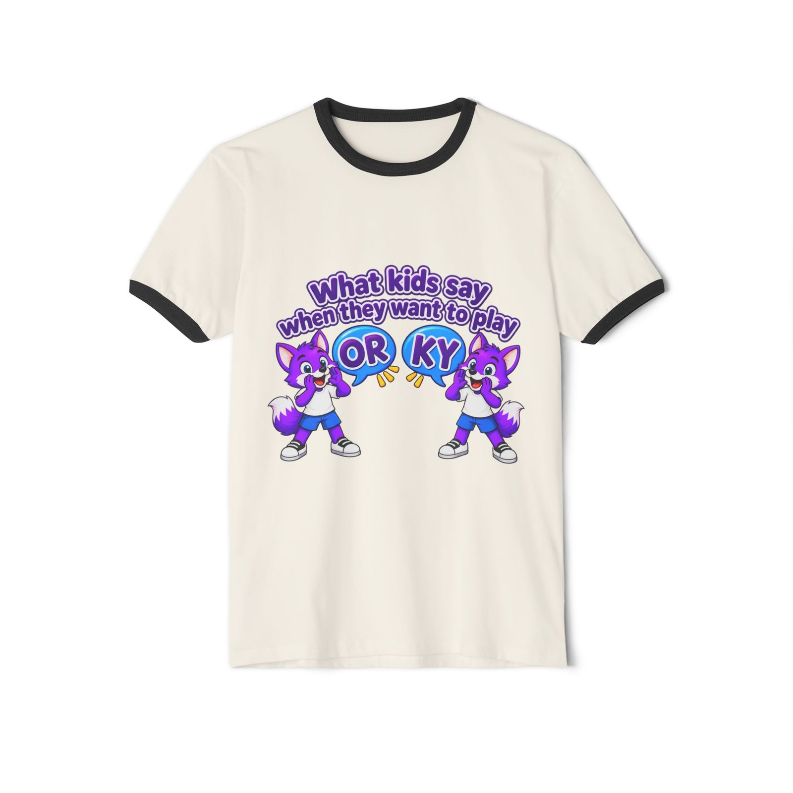 Unisex Cotton Ringer T-Shirt — "What kids say when they want to play: ORKY" Cute Purple Cartoon Fox Graphic - Image 11
