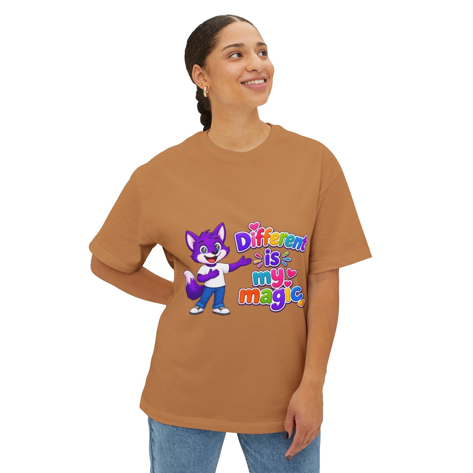 Unisex Oversized Boxy Tee— "Different is My Magic" Purple Fox - Image 20