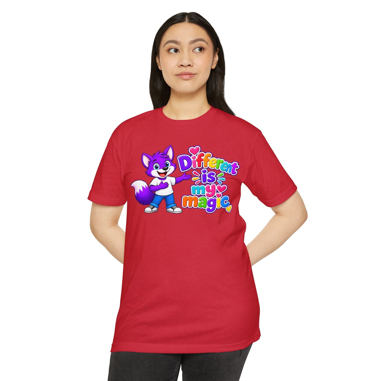 Unisex CVC Jersey T-shirt— "Different Is My Magic" Cute Purple Fox - Image 50