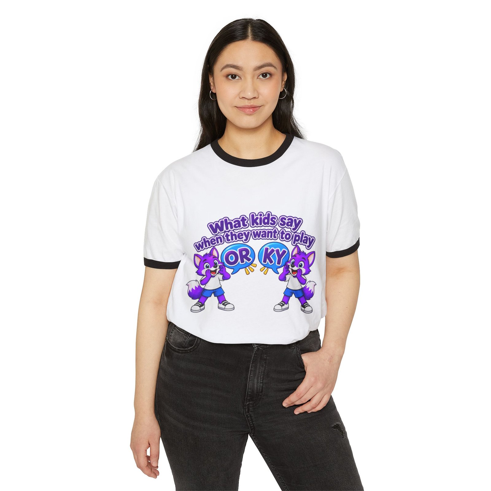 Unisex Cotton Ringer T-Shirt — "What kids say when they want to play: ORKY" Cute Purple Cartoon Fox Graphic - Image 18