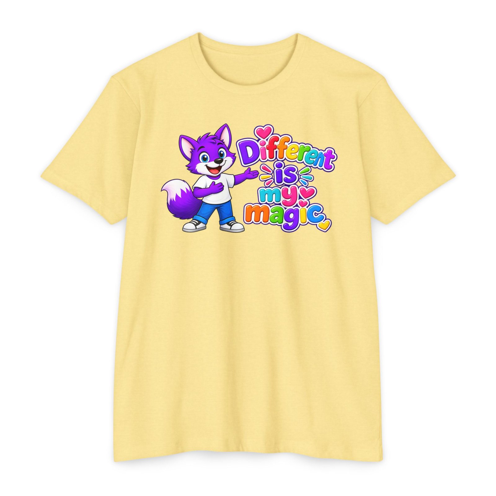 Unisex CVC Jersey T-shirt— "Different Is My Magic" Cute Purple Fox