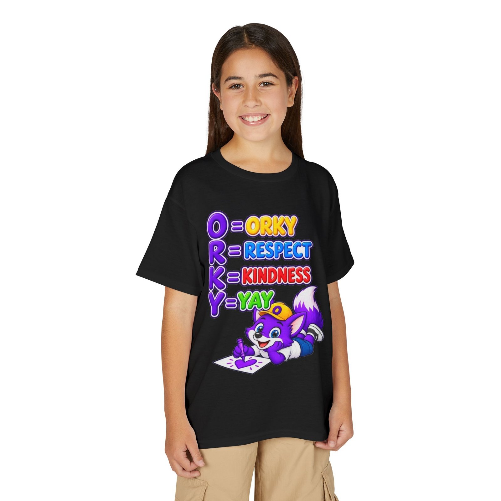 Youth DryBlend® T-Shirt — 'ORKY = Respect, Kindness, Yay' Cute Purple Fox - Image 11