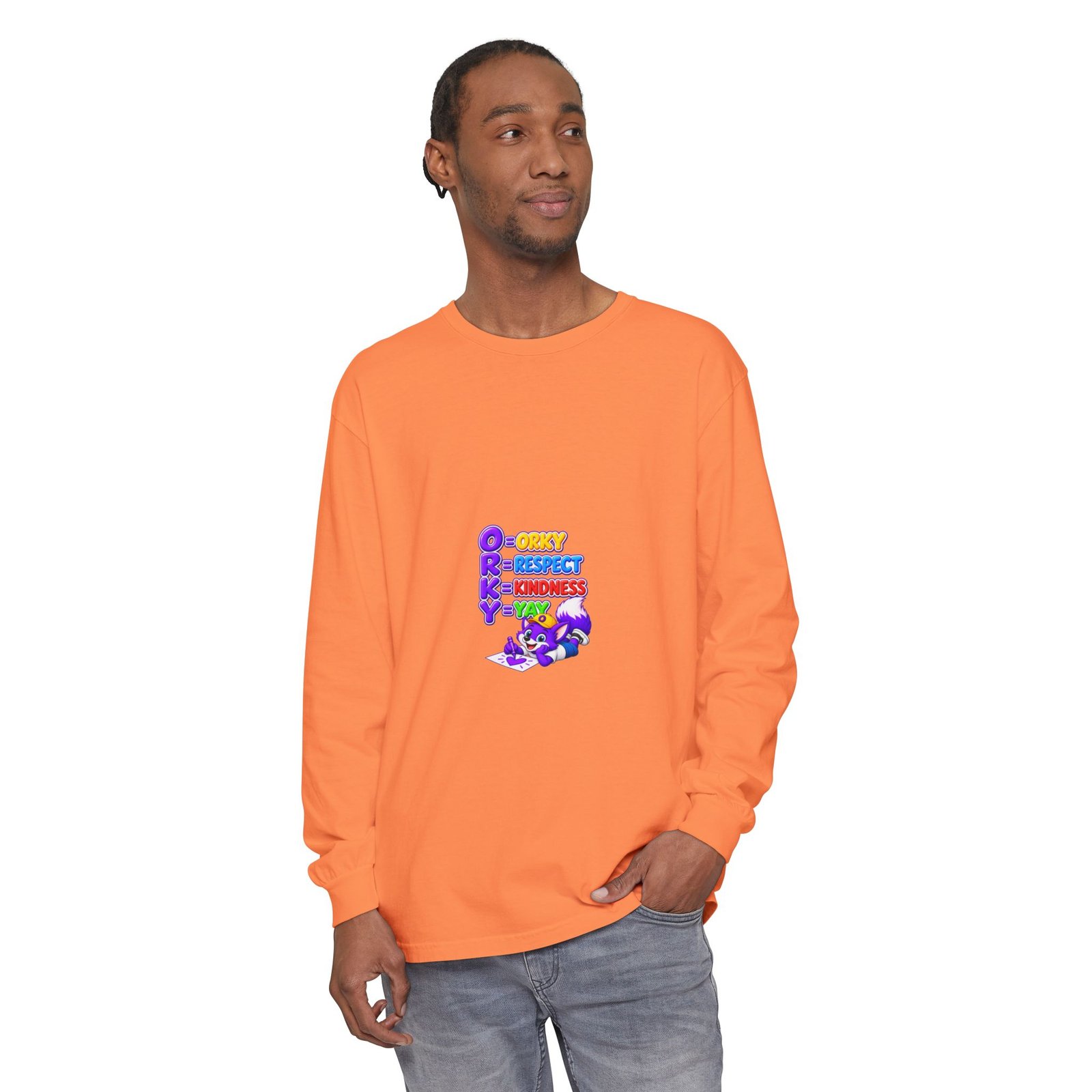 Long Sleeve T-Shirt – "Orky Respect Kindness Yay " - Image 7