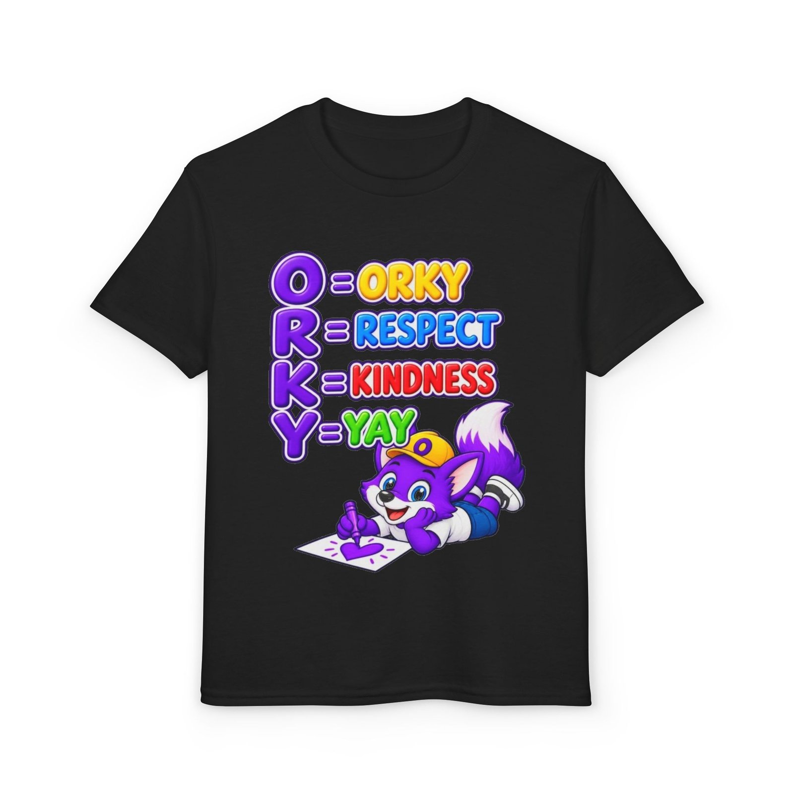 Youth DryBlend® T-Shirt — 'ORKY = Respect, Kindness, Yay' Cute Purple Fox - Image 9