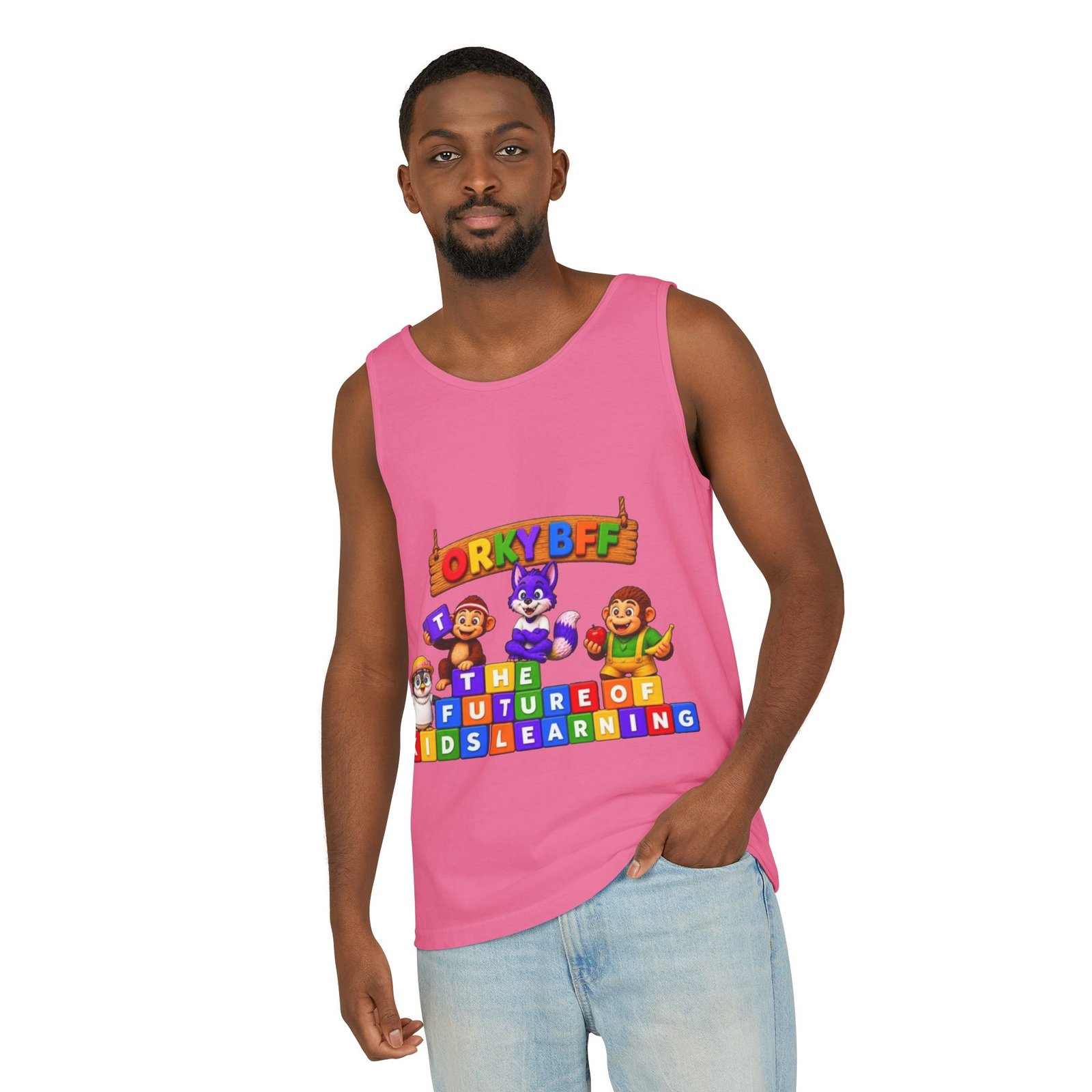 Unisex Garment-Dyed Tank Top — 'ORKY BFF: The Future of Kids Learning' Colorful Playful Tee - Image 70