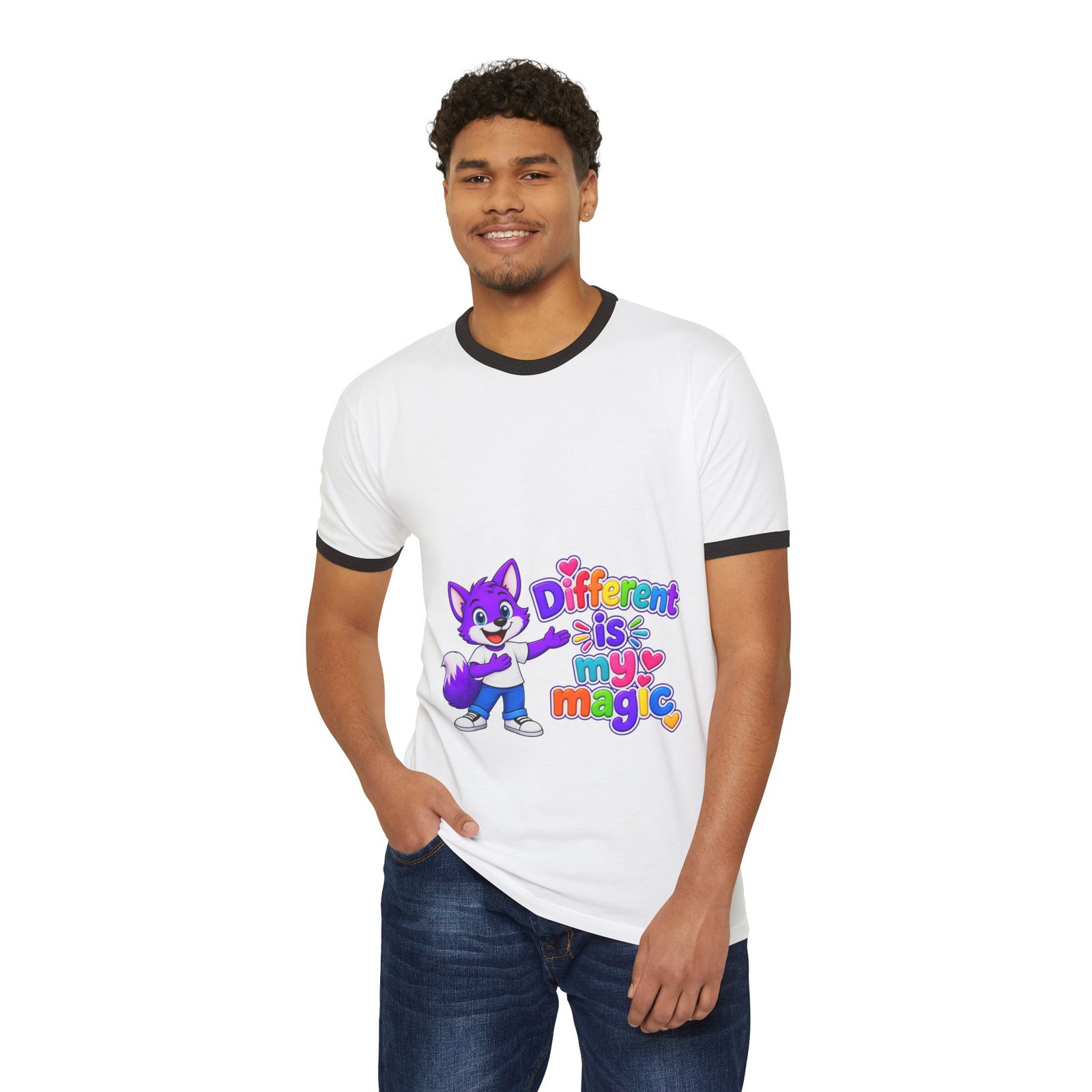 Unisex Cotton Ringer T-Shirt — Different is My Magic Cute Purple Fox - Image 20