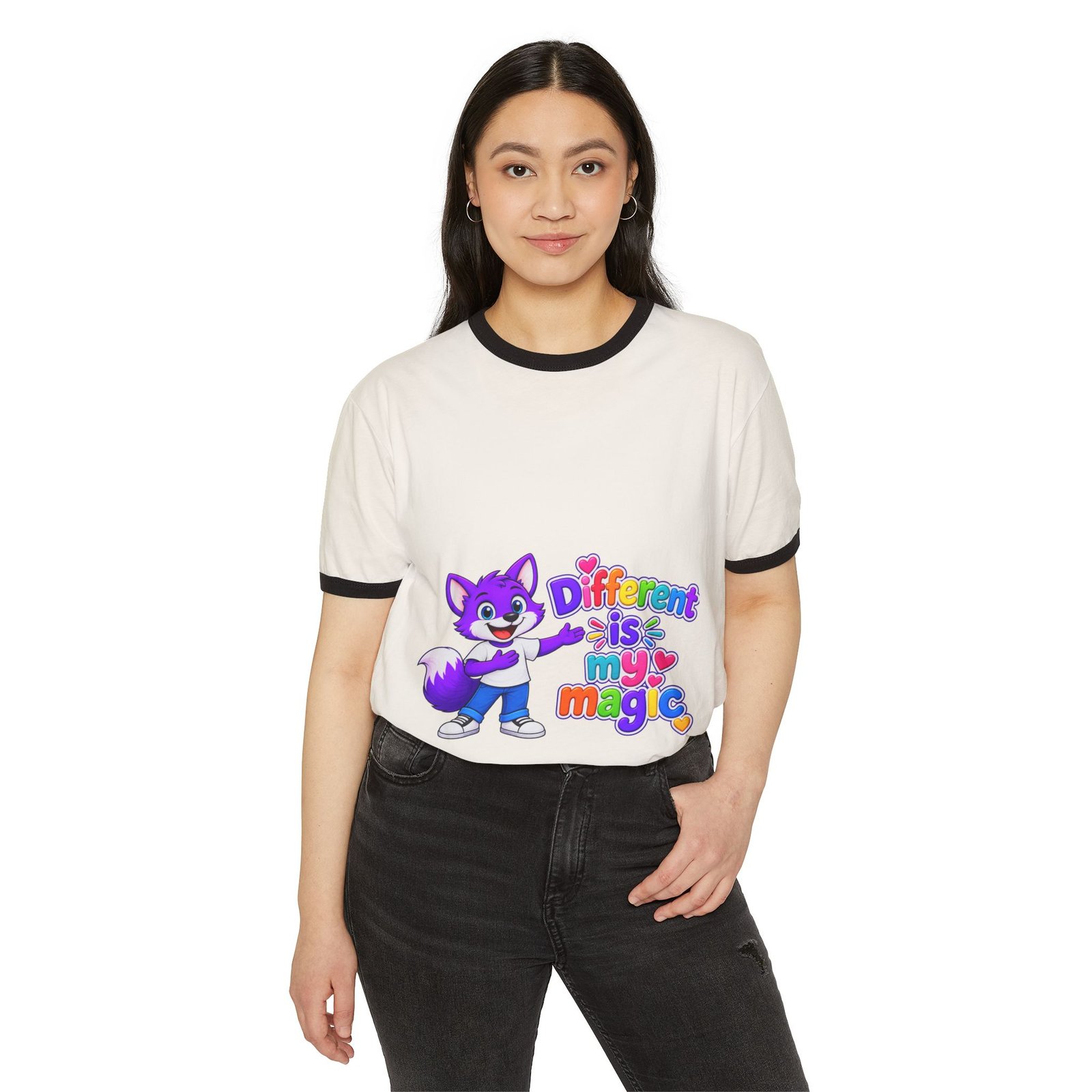 Unisex Cotton Ringer T-Shirt — Different is My Magic Cute Purple Fox - Image 13