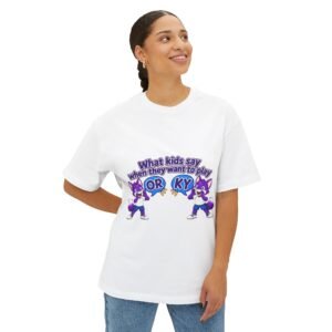Unisex Oversized Boxy Tee __ Kids' Cartoon Fox 'What Kids Say When They Want to Play'
