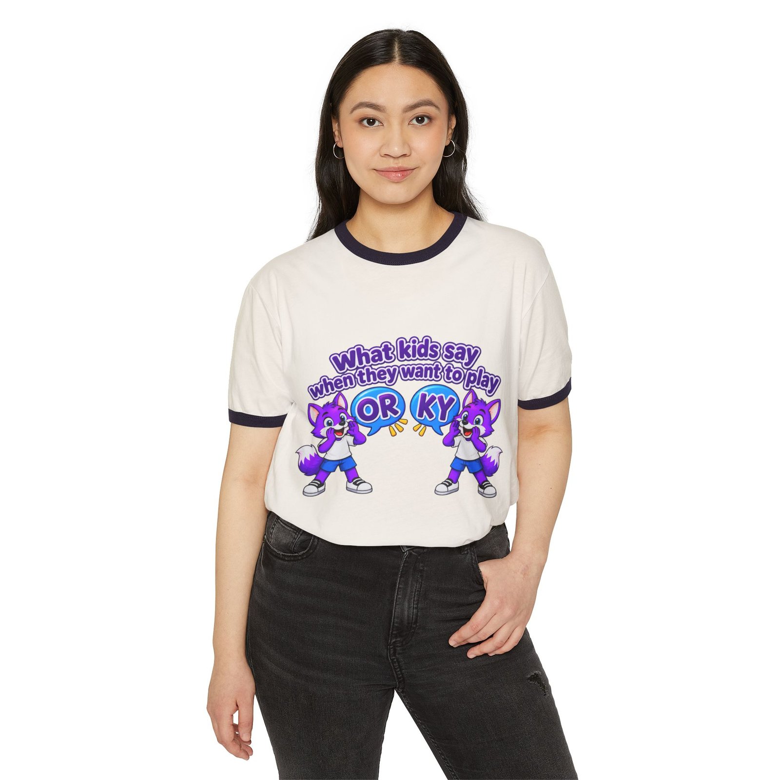 Unisex Cotton Ringer T-Shirt — "What kids say when they want to play: ORKY" Cute Purple Cartoon Fox Graphic - Image 3