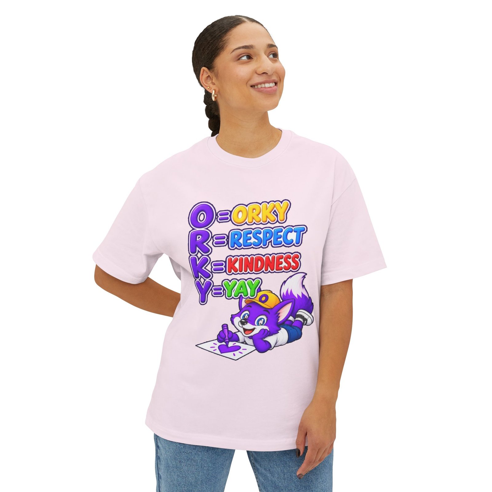 Unisex Oversized Boxy Tee— Orky = Respect, Kindness, Yay Kids T-Shirt - Image 8
