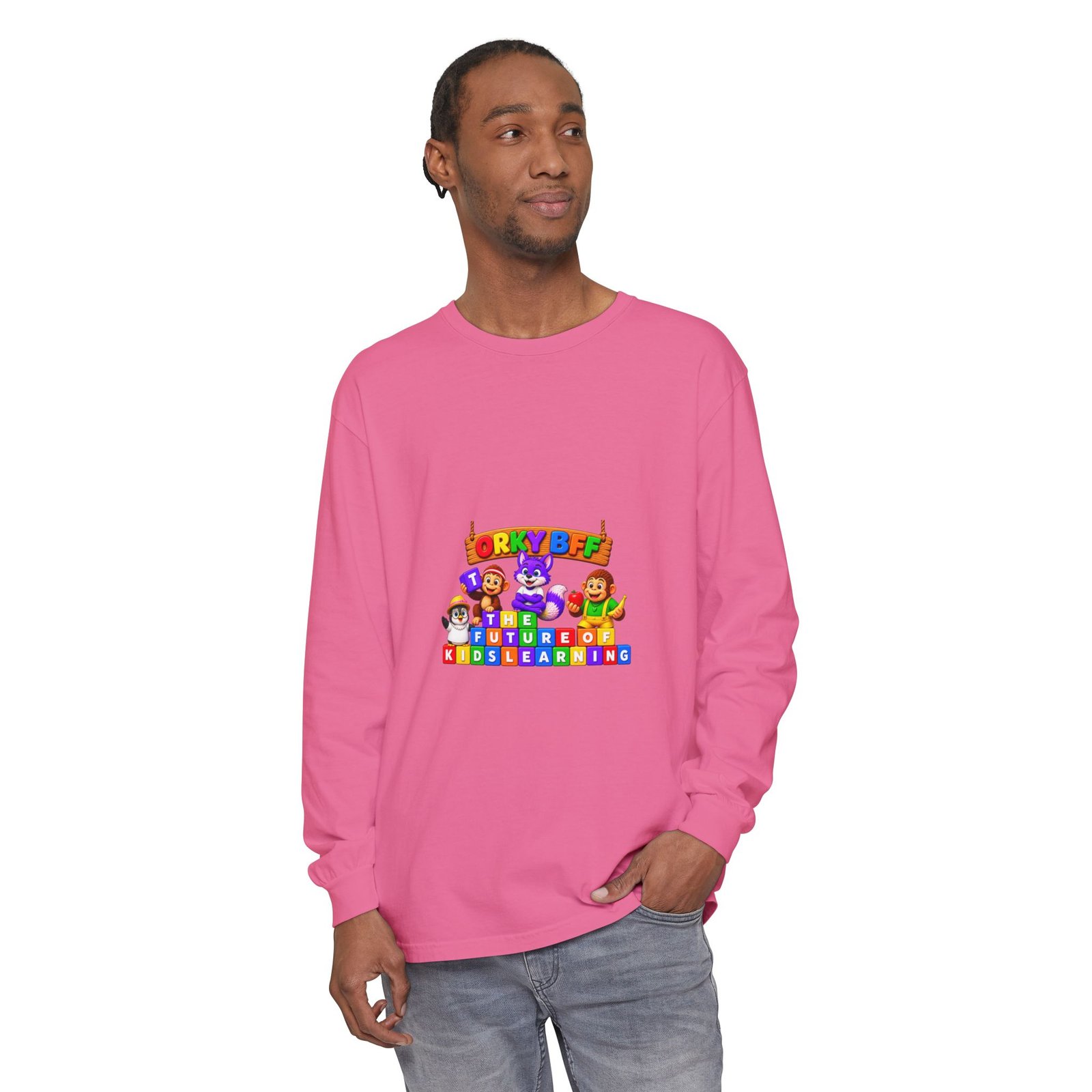 Unisex Garment-dyed Long Sleeve T-Shirt—"Orky Bff Kids Learning " - Image 63