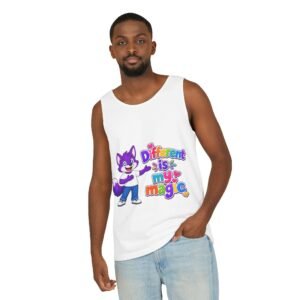Unisex Garment-Dyed Tank Top — "Different is My Magic" Cute Purple Fox Pride Graphic