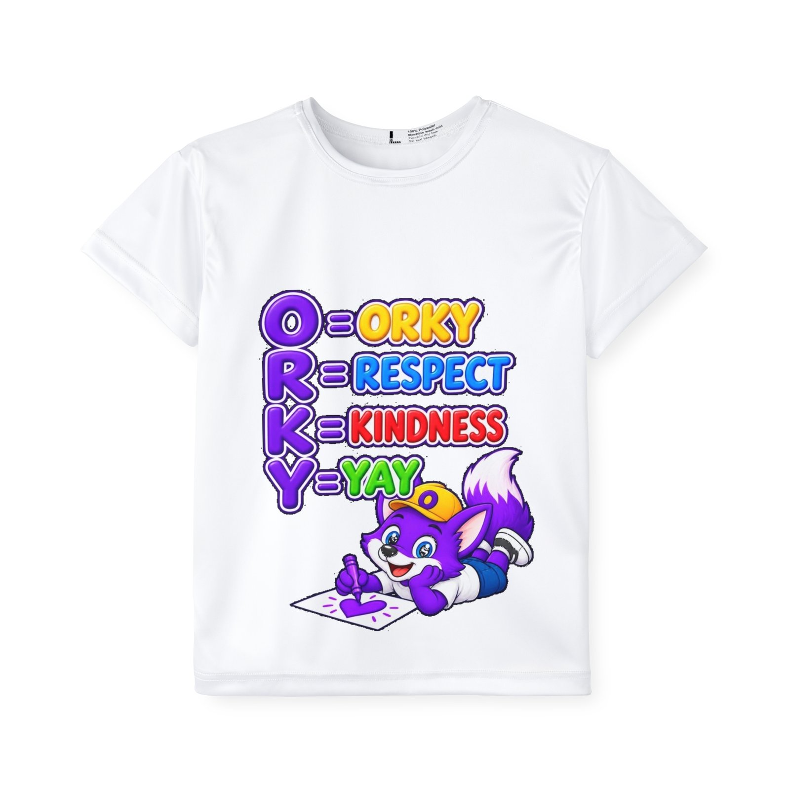 Kids Sports Jersey (AOP) — "ORKY = Orky, Respect, Kindness, Yay" Cute Purple Fox - Image 2