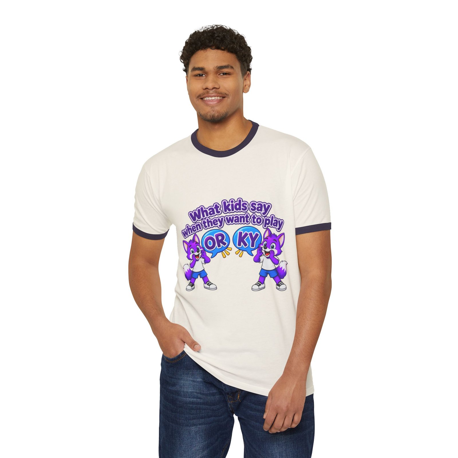 Unisex Cotton Ringer T-Shirt — "What kids say when they want to play: ORKY" Cute Purple Cartoon Fox Graphic - Image 5