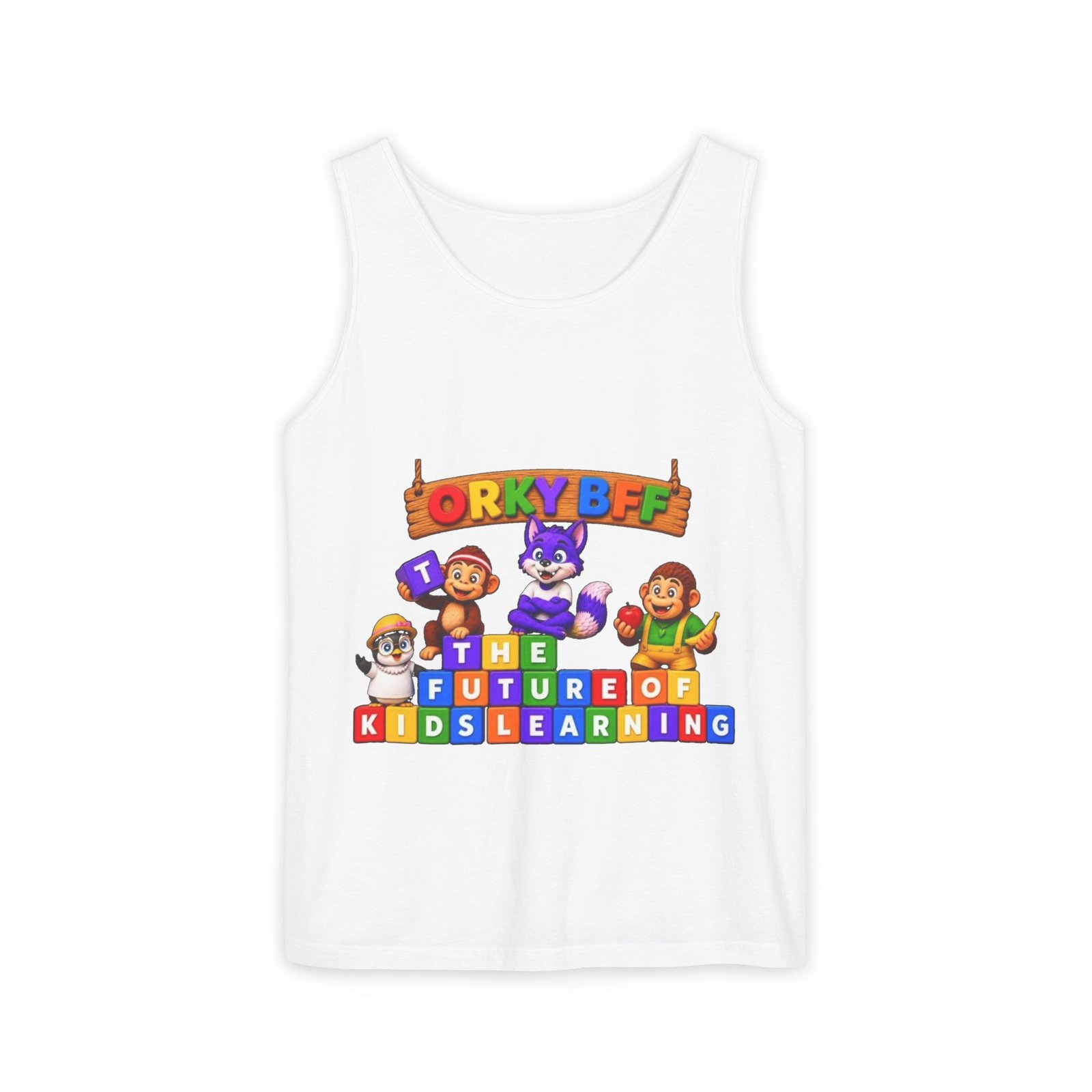 Unisex Garment-Dyed Tank Top — 'ORKY BFF: The Future of Kids Learning' Colorful Playful Tee - Image 2