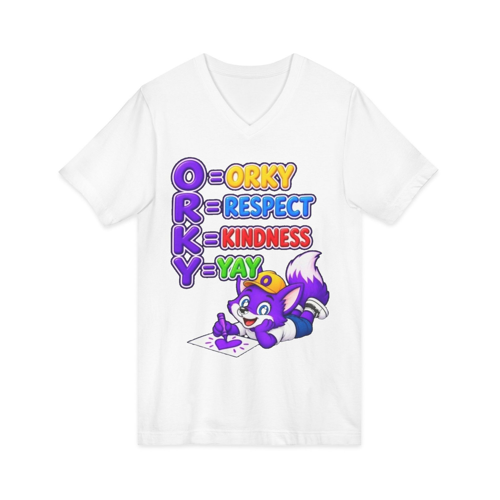 Unisex Jersey Short Sleeve V-Neck Tee — 'Orky Respect Kindness Yay ' - Image 3