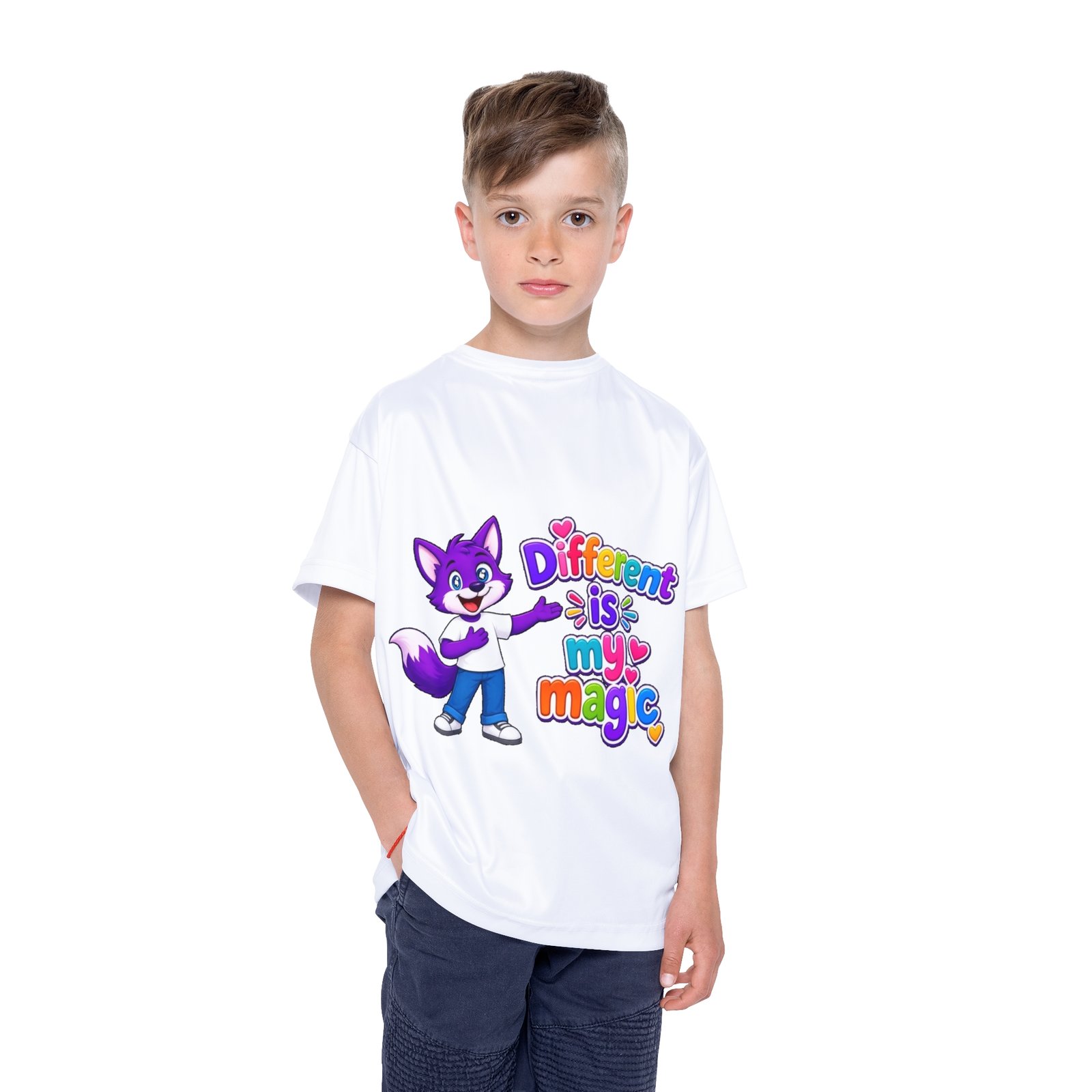 Kids Sports Jersey (AOP) — "Different Is My Magic" Rainbow Fox Graphic - Image 4