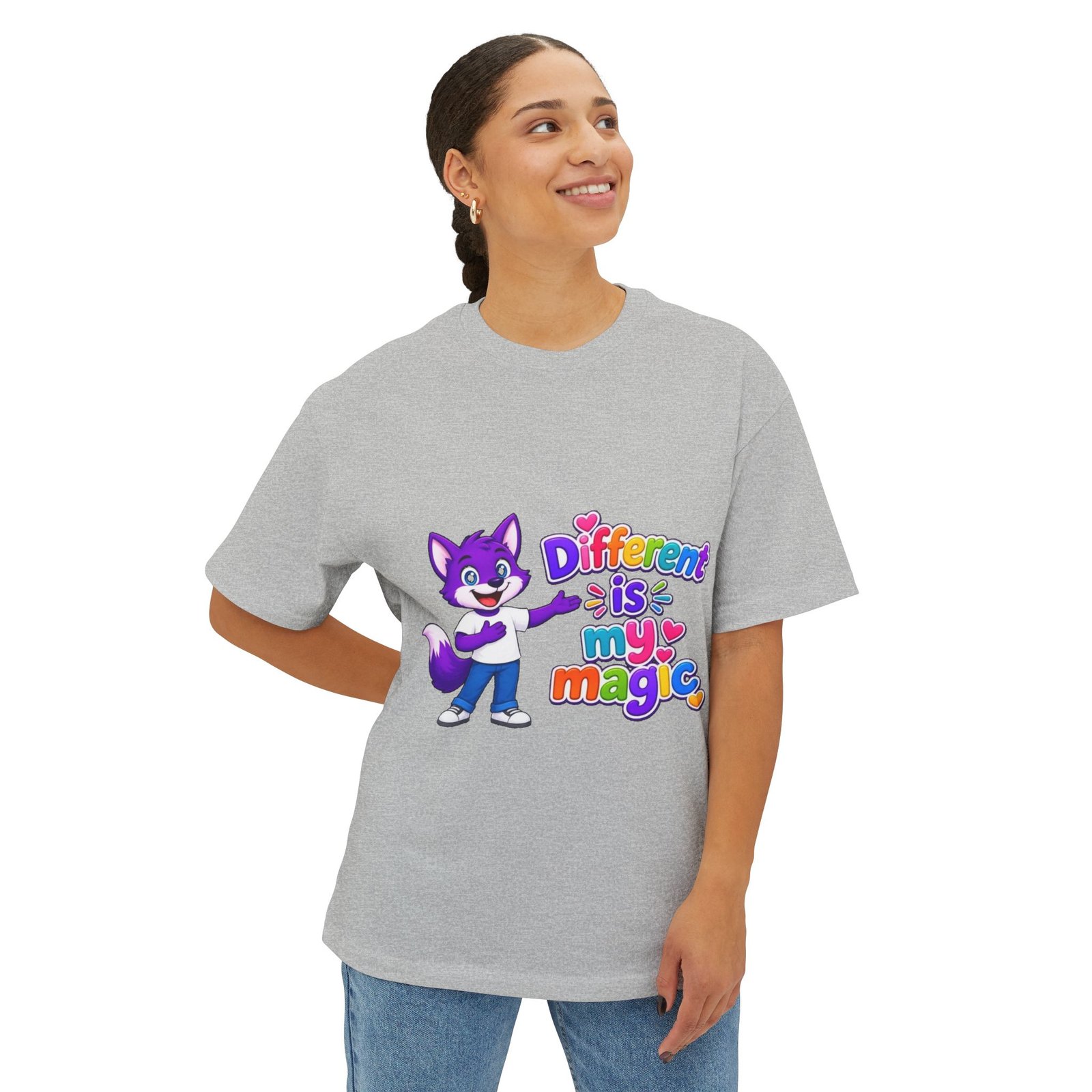 Unisex Oversized Boxy Tee— "Different is My Magic" Purple Fox - Image 32