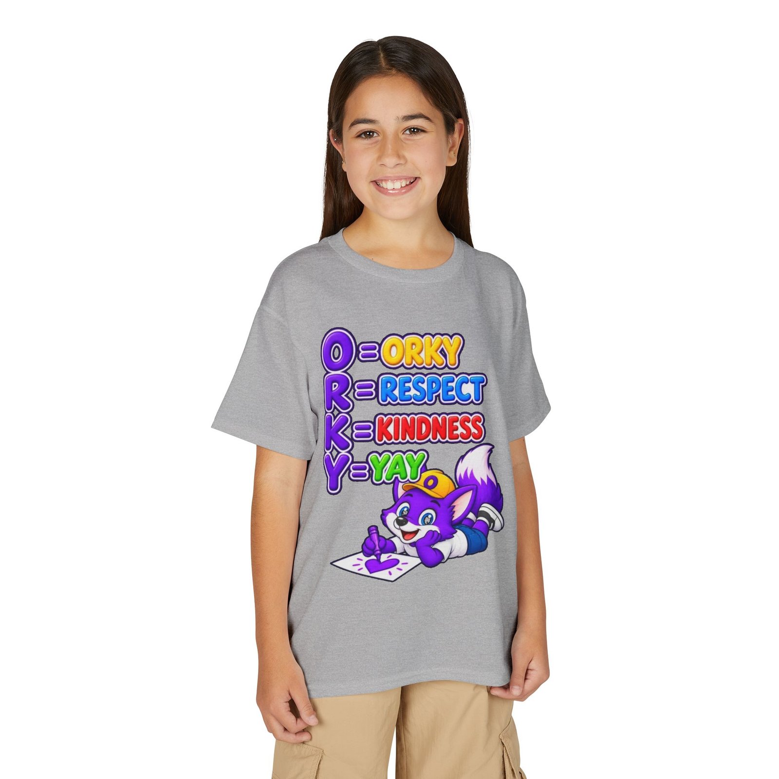 Youth DryBlend® T-Shirt — 'ORKY = Respect, Kindness, Yay' Cute Purple Fox - Image 15