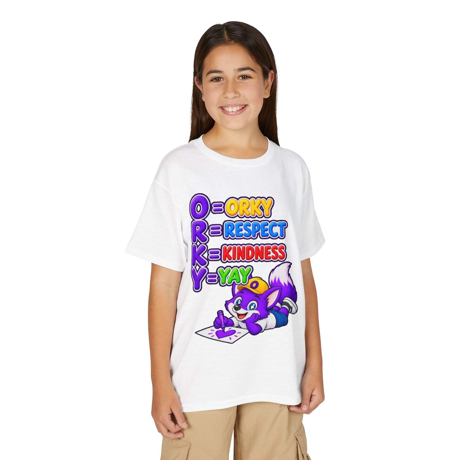 Youth DryBlend® T-Shirt — 'ORKY = Respect, Kindness, Yay' Cute Purple Fox
