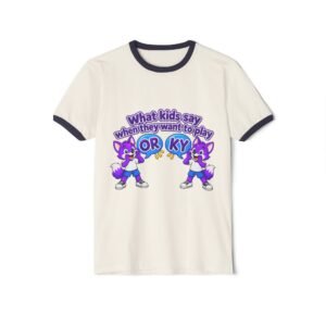 Unisex Cotton Ringer T-Shirt — "What kids say when they want to play: ORKY" Cute Purple Cartoon Fox Graphic