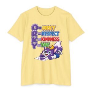 Unisex CVC Jersey T-shirt— Orky = Respect, Kindness, Yay! Cute Skunk Graphic Tee