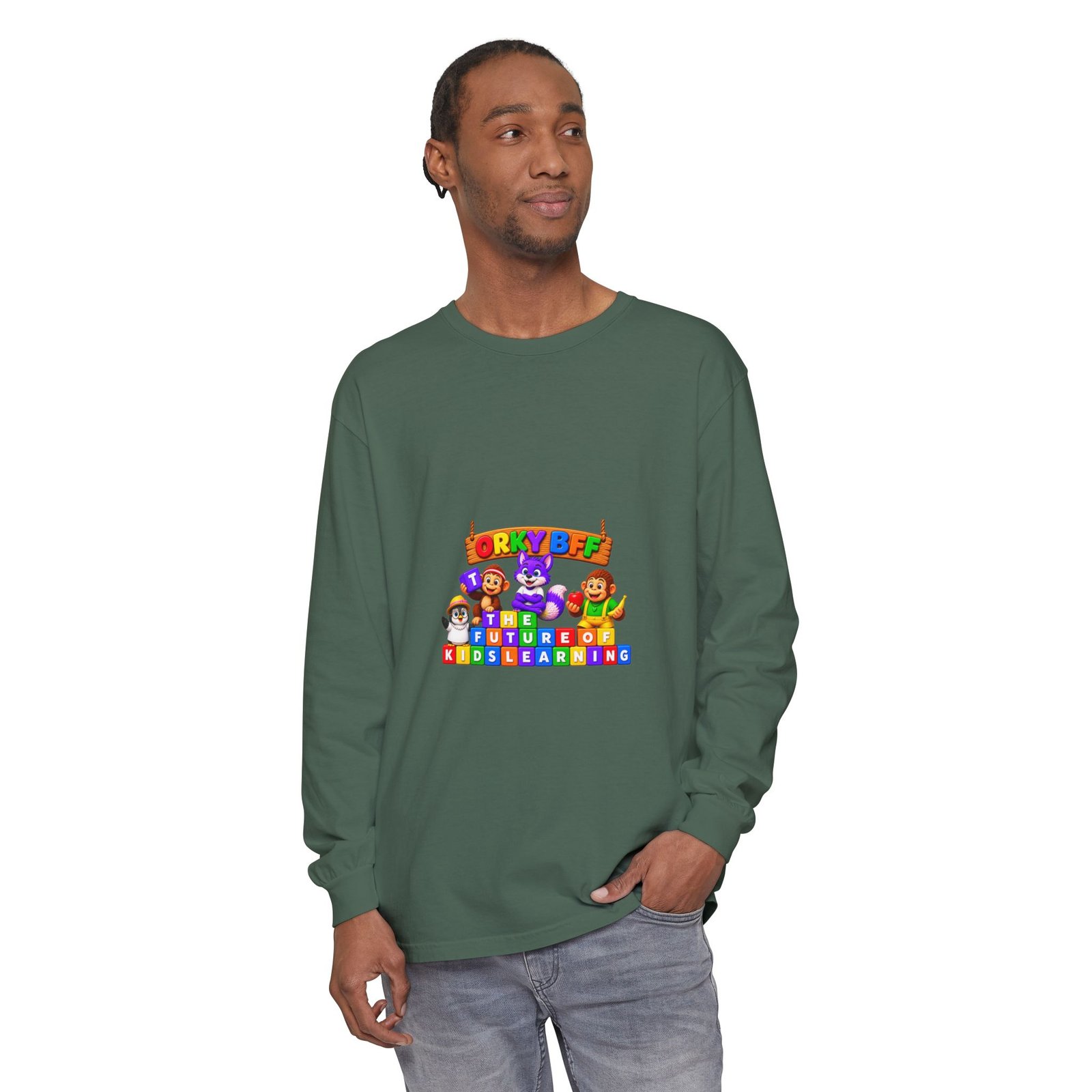Unisex Garment-dyed Long Sleeve T-Shirt—"Orky Bff Kids Learning " - Image 35