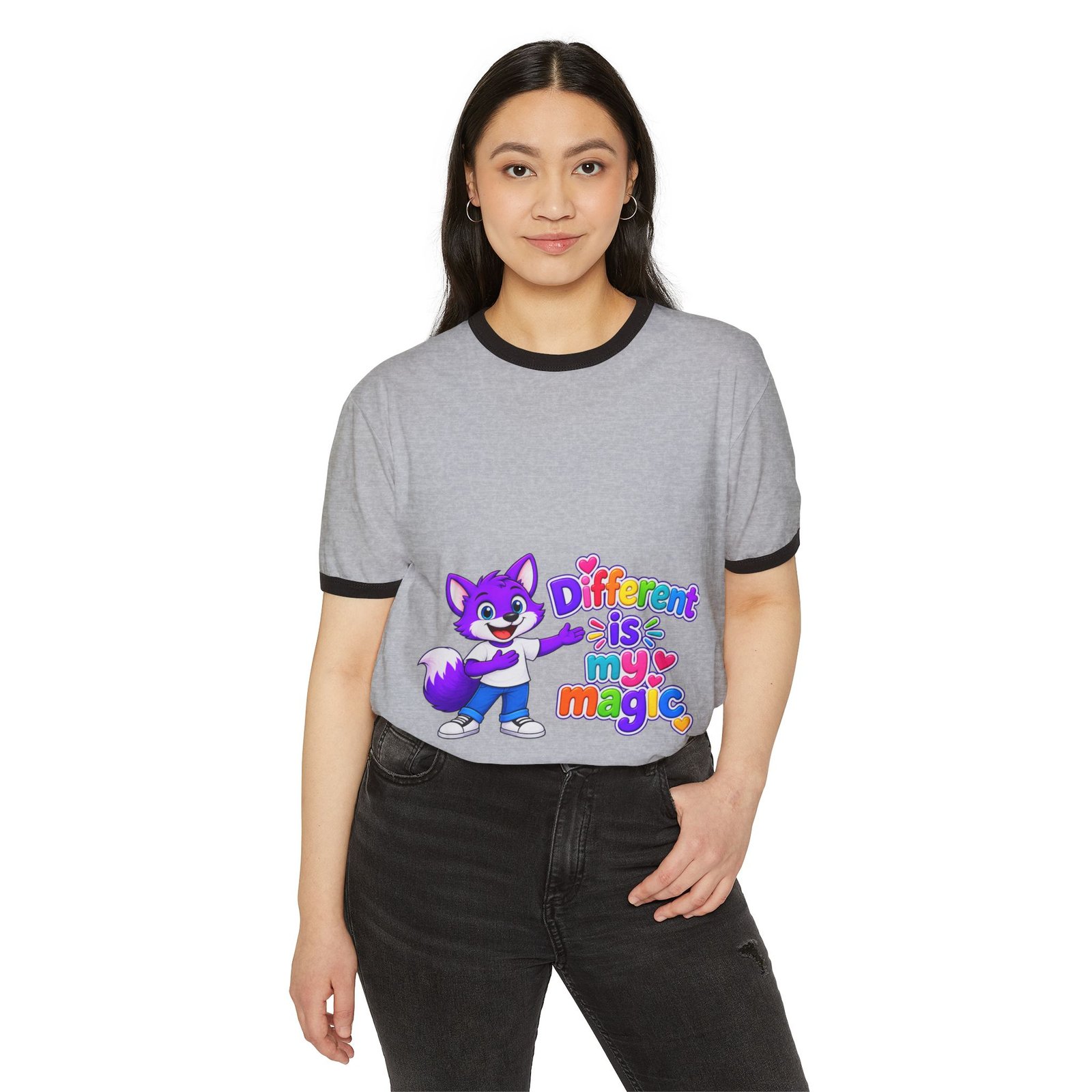 Unisex Cotton Ringer T-Shirt — Different is My Magic Cute Purple Fox - Image 8