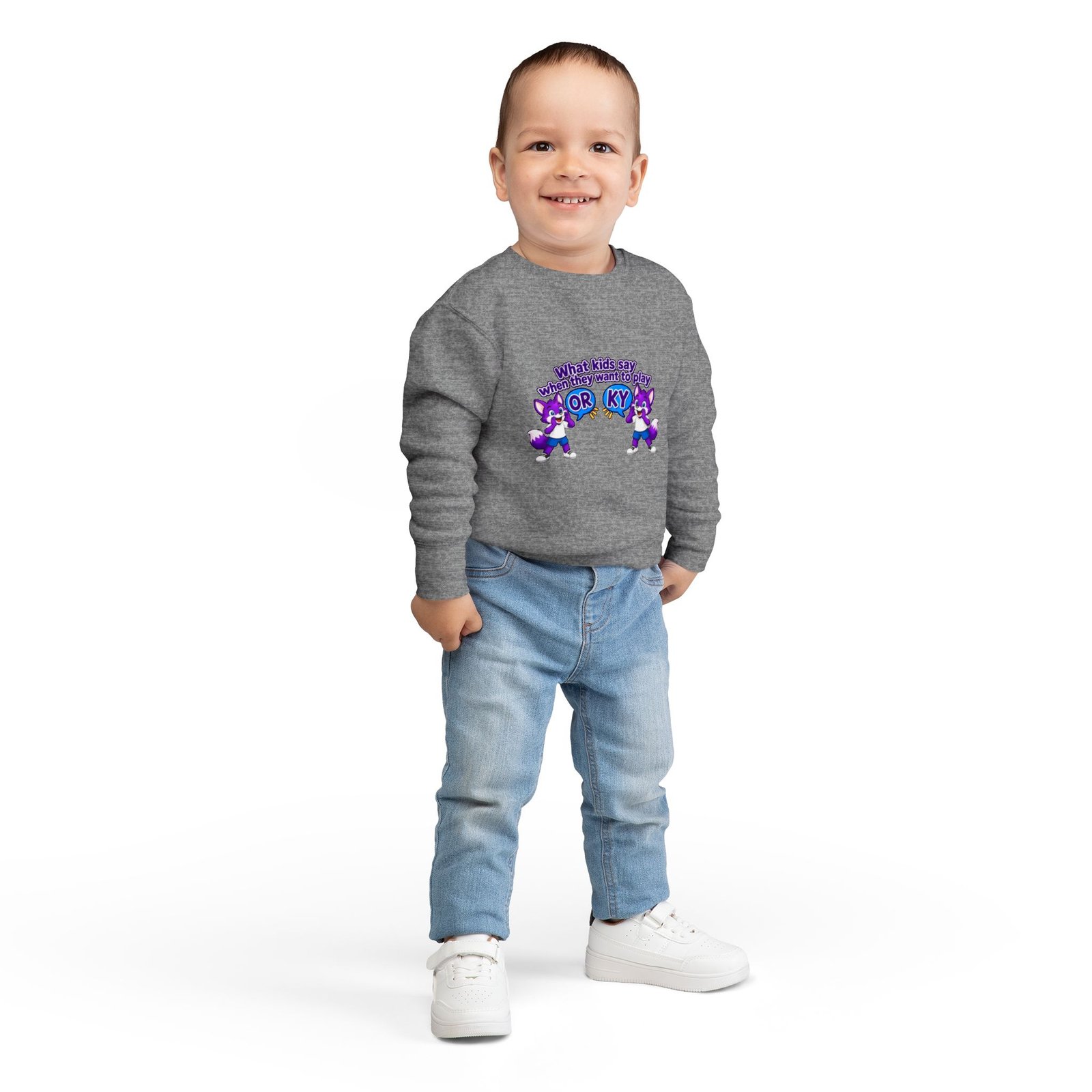 Toddler Sweatshirt — "What kids say when they want to play: Orky" Cute Purple Fox - Image 12