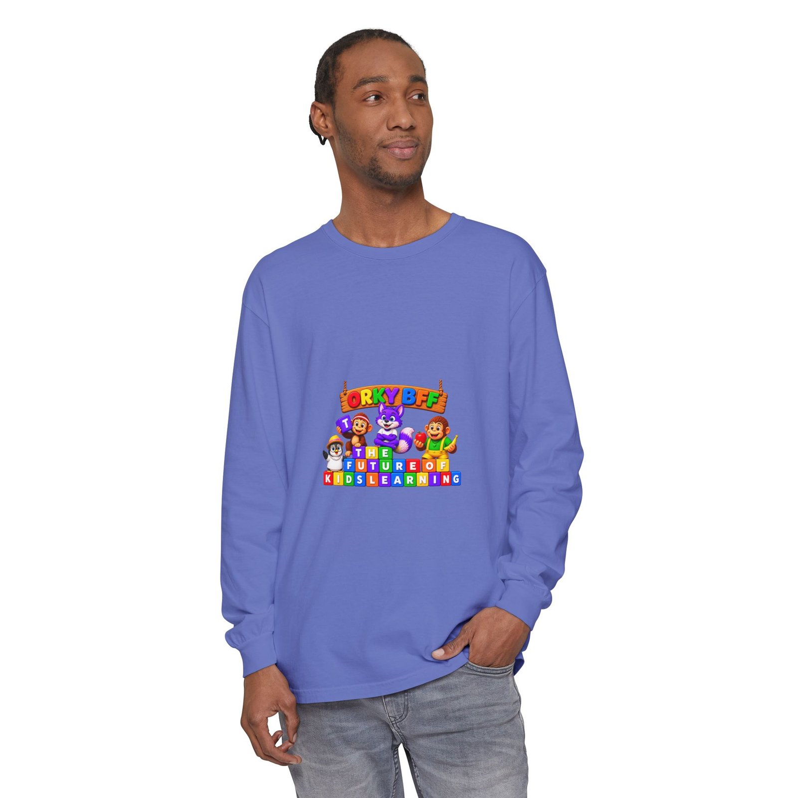 Unisex Garment-dyed Long Sleeve T-Shirt—"Orky Bff Kids Learning " - Image 43