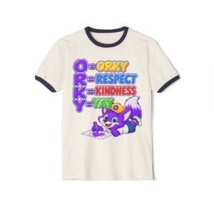 Unisex Cotton Ringer T-Shirt— 'ORKY = Respect, Kindness, Yay' Kids' Cute Cartoon Tee
