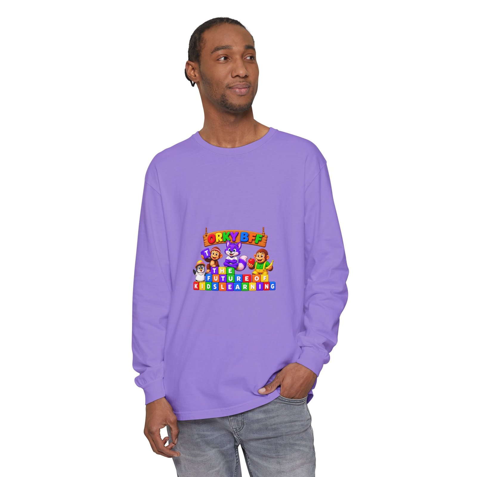Unisex Garment-dyed Long Sleeve T-Shirt—"Orky Bff Kids Learning " - Image 55