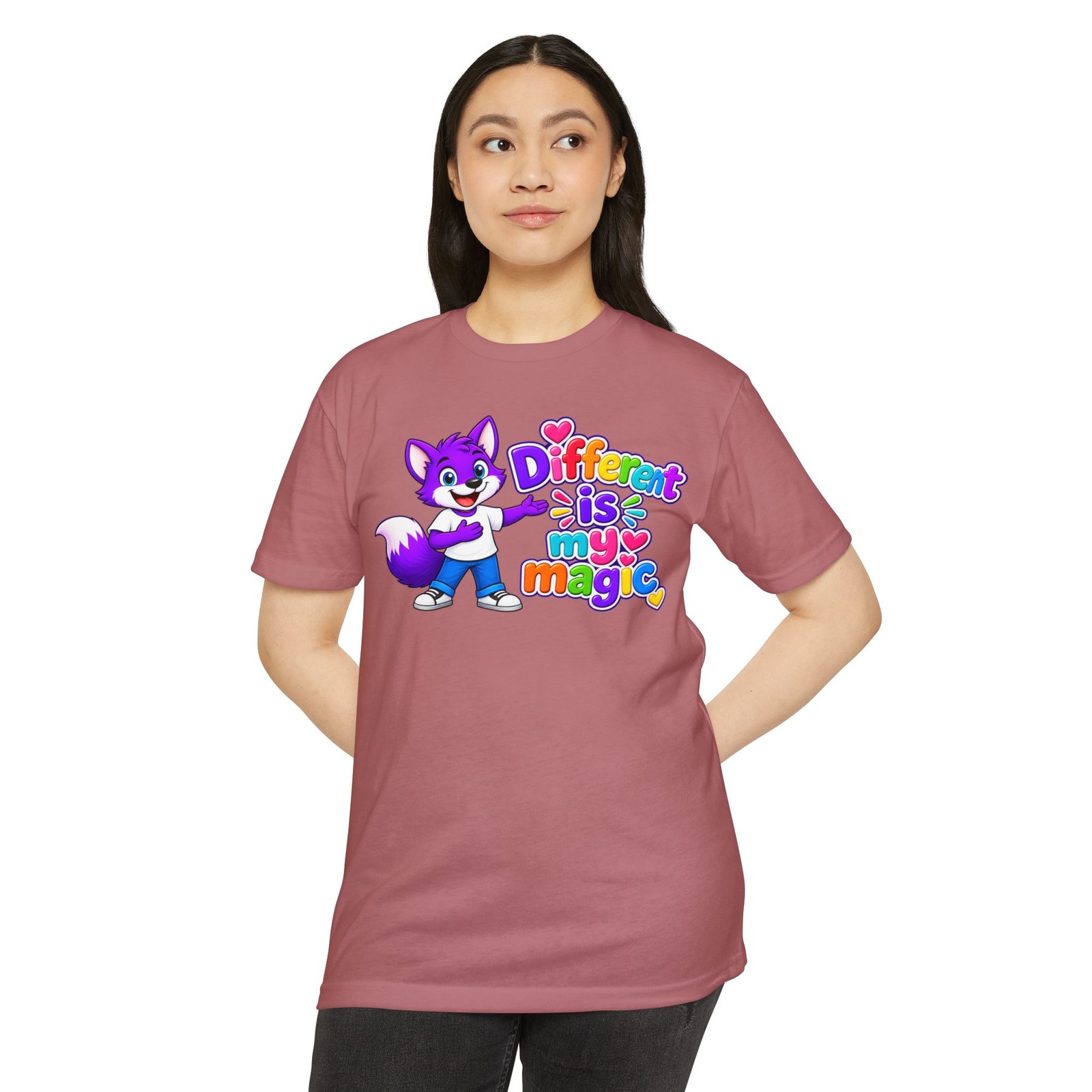 Unisex CVC Jersey T-shirt— "Different Is My Magic" Cute Purple Fox - Image 45