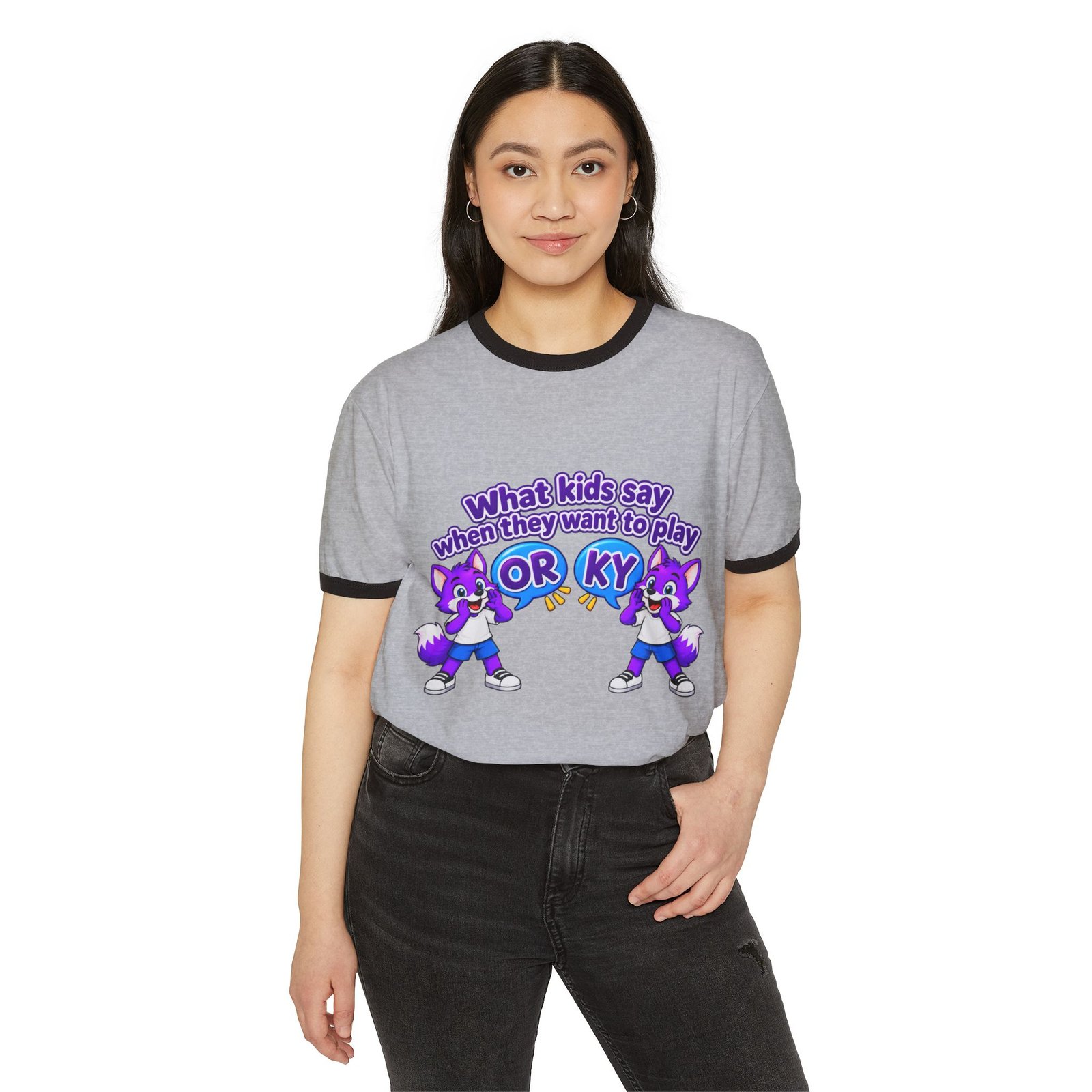 Unisex Cotton Ringer T-Shirt — "What kids say when they want to play: ORKY" Cute Purple Cartoon Fox Graphic - Image 8