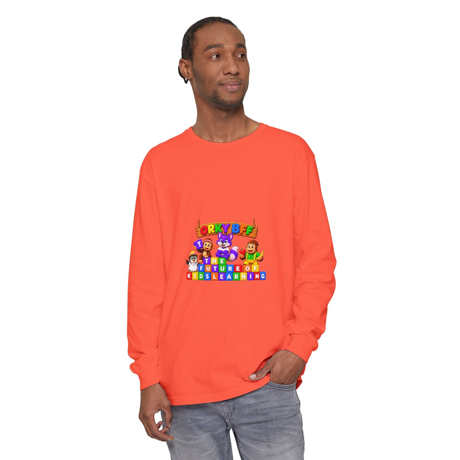 Unisex Garment-dyed Long Sleeve T-Shirt—"Orky Bff Kids Learning " - Image 11
